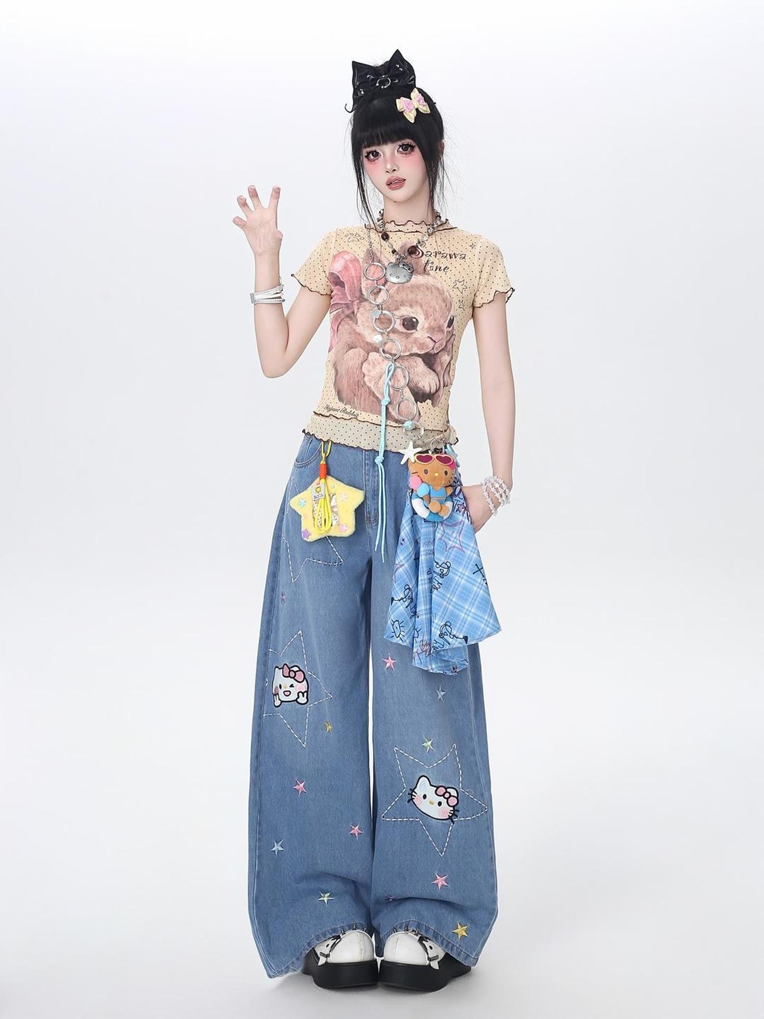 Crazy Girl Star Embroidered Card Pocket High Waist Women&