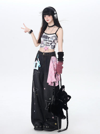 Crazy Girl Star Embroidered Card Pocket High Waist Women&