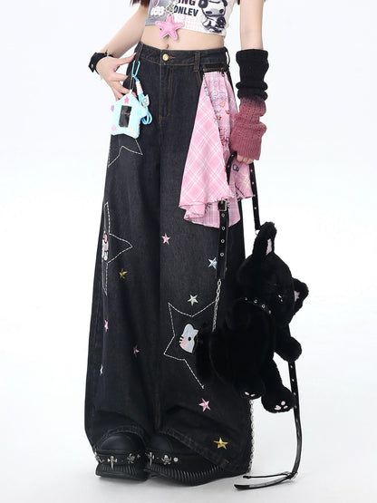 Crazy Girl Star Embroidered Card Pocket High Waist Women&