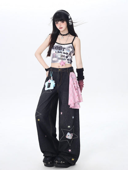 Crazy Girl Star Embroidered Card Pocket High Waist Women&