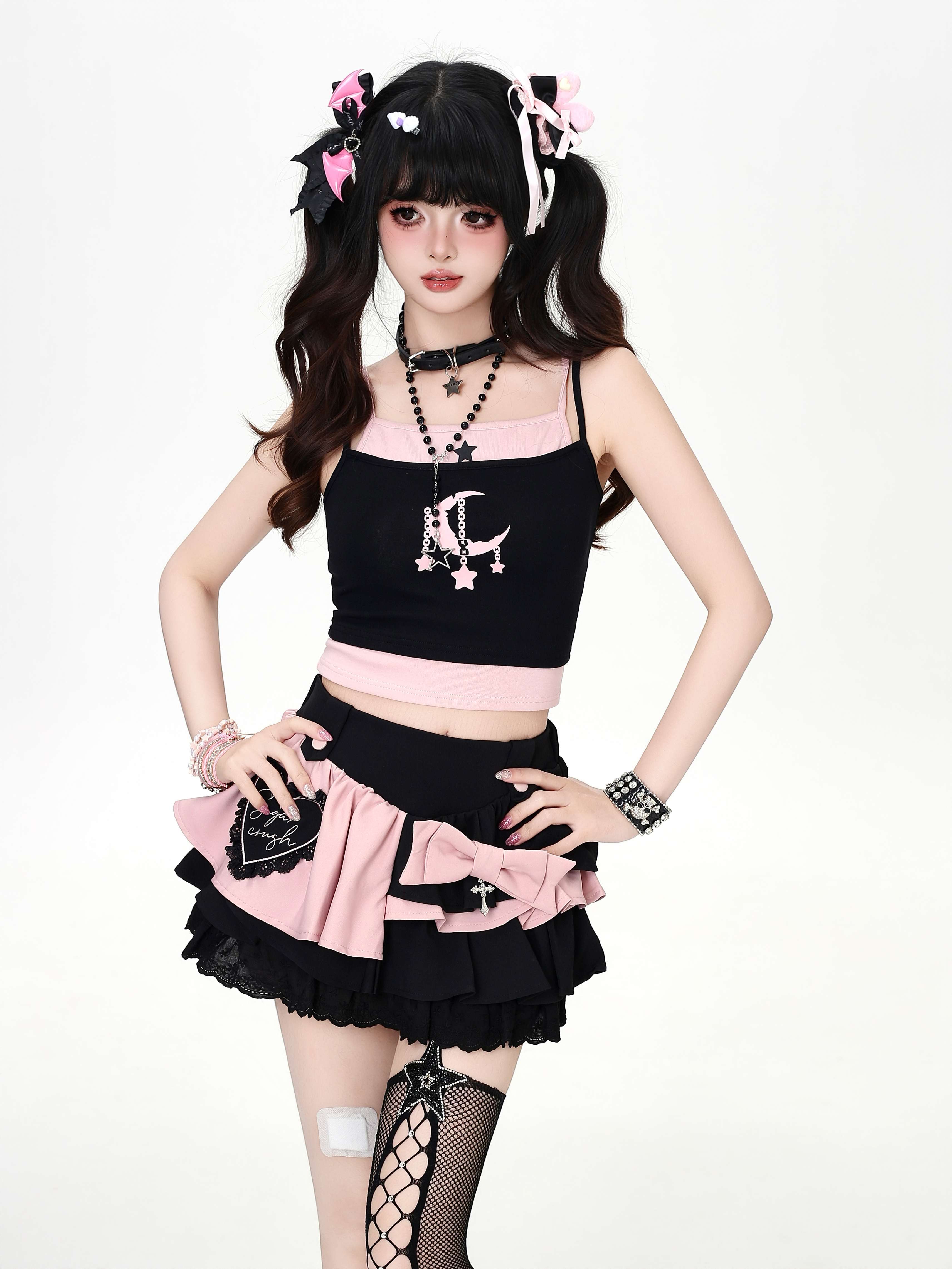 Crazy_Girl_Star_Moon_Colorblock_Faux_Two_Piece_Printed_Cropped_Slim_Women&
