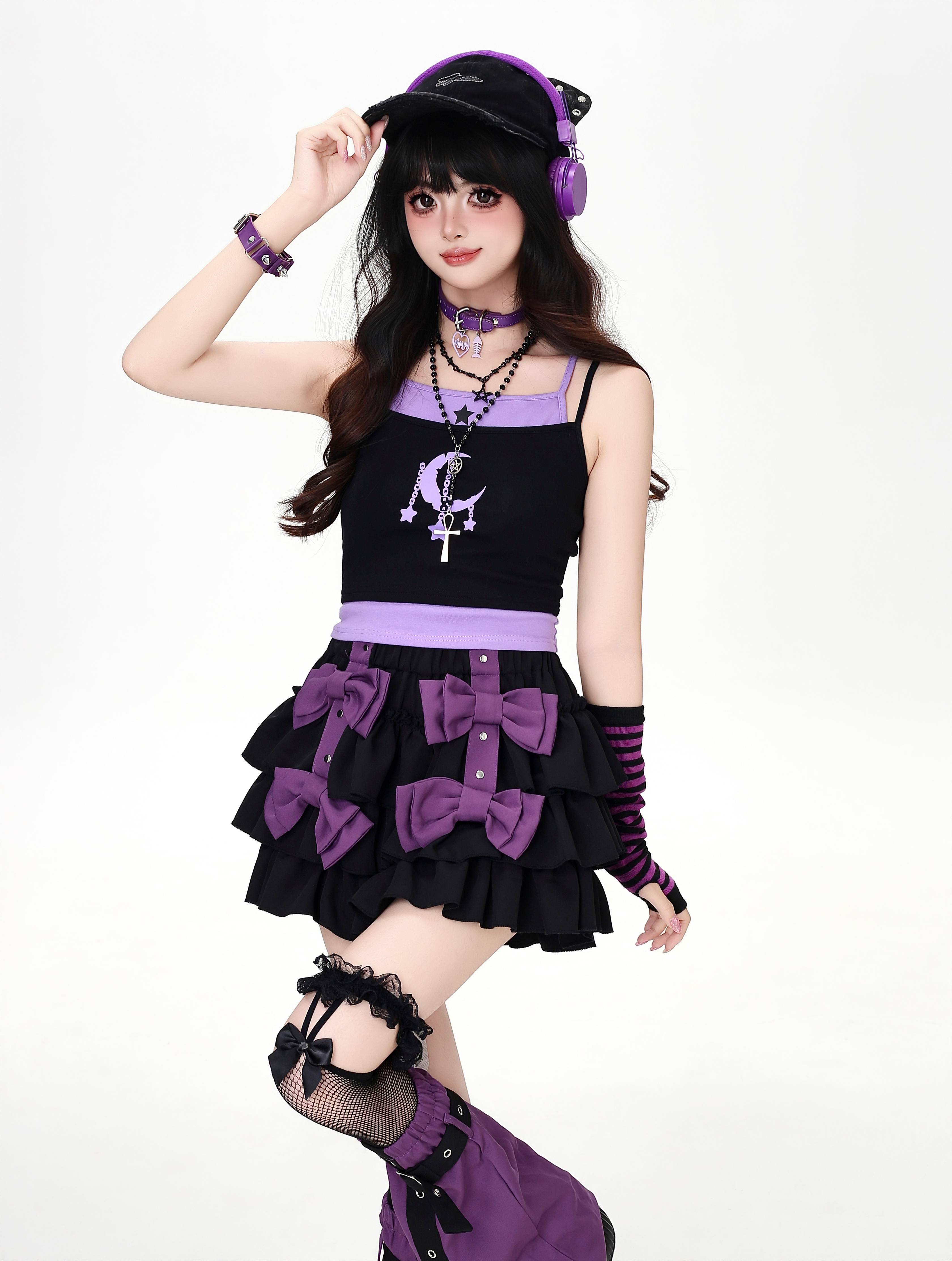 Crazy_Girl_Star_Moon_Colorblock_Faux_Two_Piece_Printed_Cropped_Slim_Women&