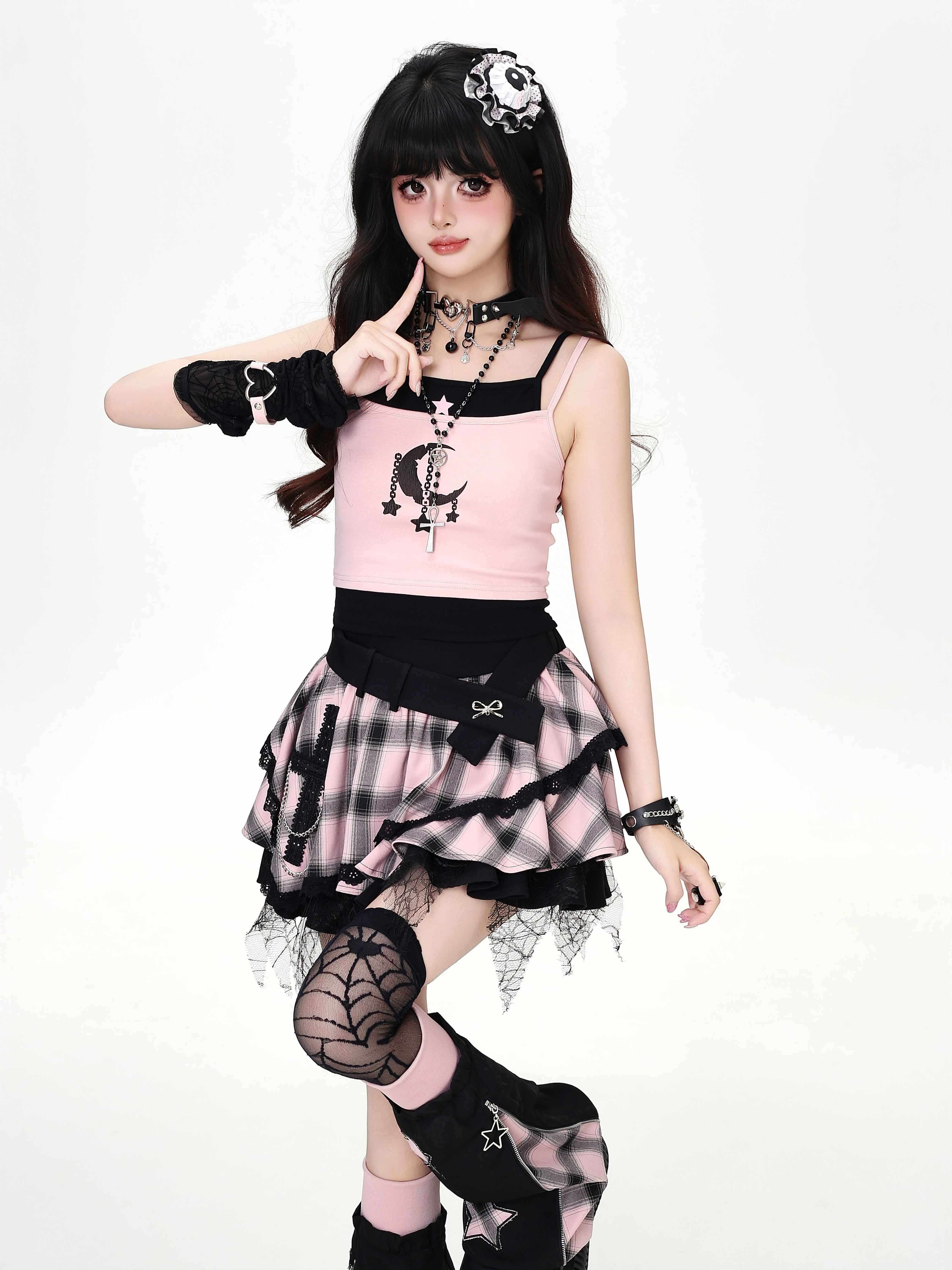 Crazy_Girl_Star_Moon_Colorblock_Faux_Two_Piece_Printed_Cropped_Slim_Women&