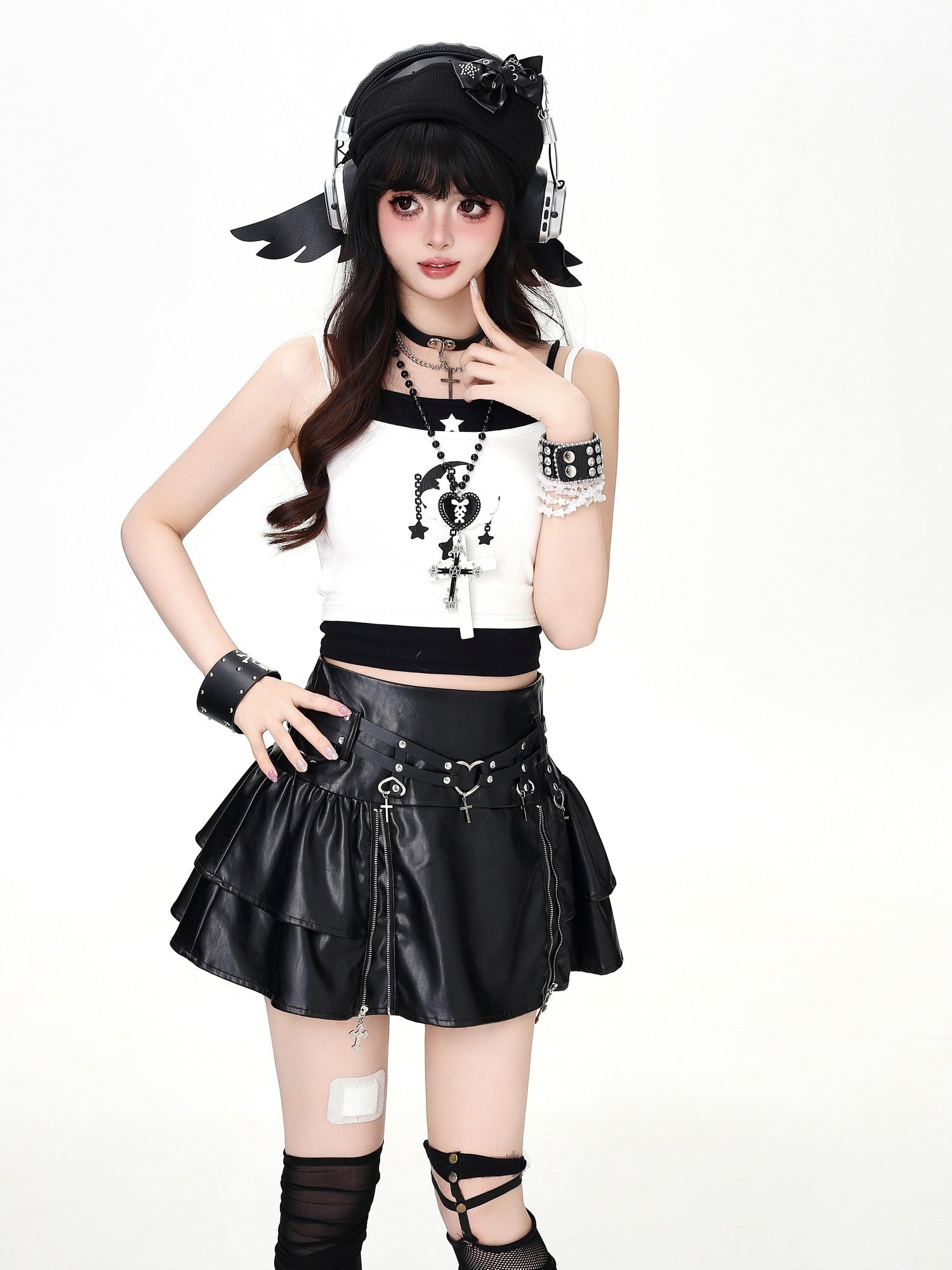 Crazy Girl Star Moon Colorblock Faux Two Piece Printed Cropped Slim Women&