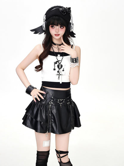 Crazy Girl Star Moon Colorblock Faux Two Piece Printed Cropped Slim Women&