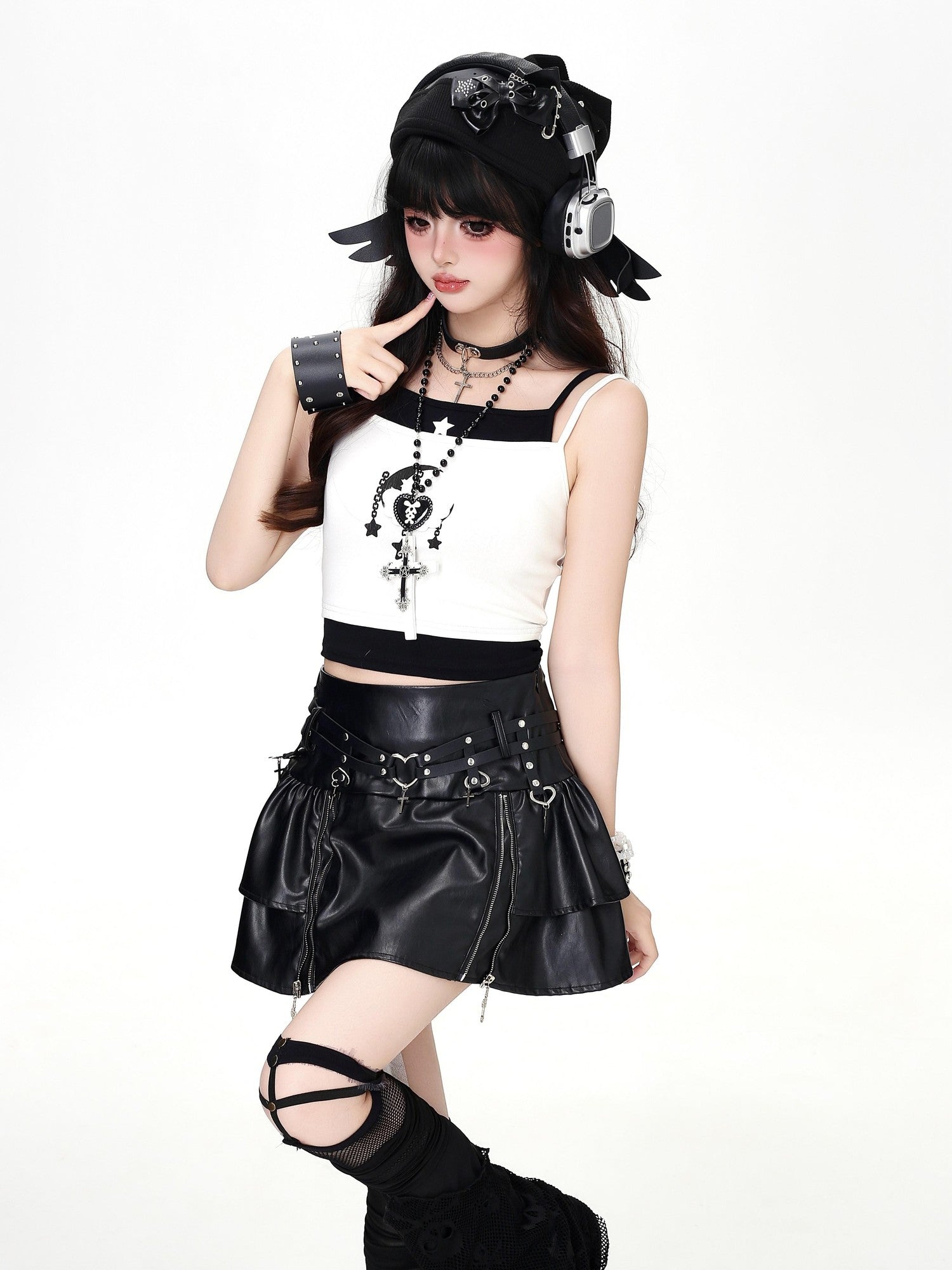 Crazy Girl Star Moon Colorblock Faux Two Piece Printed Cropped Slim Women&