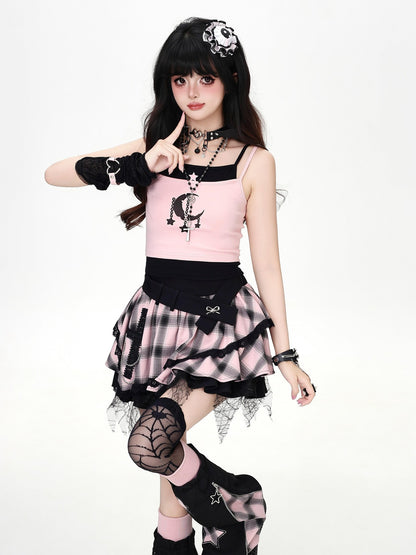 Crazy Girl Star Moon Colorblock Faux Two Piece Printed Cropped Slim Women&