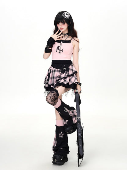 Crazy Girl Star Moon Colorblock Faux Two Piece Printed Cropped Slim Women&