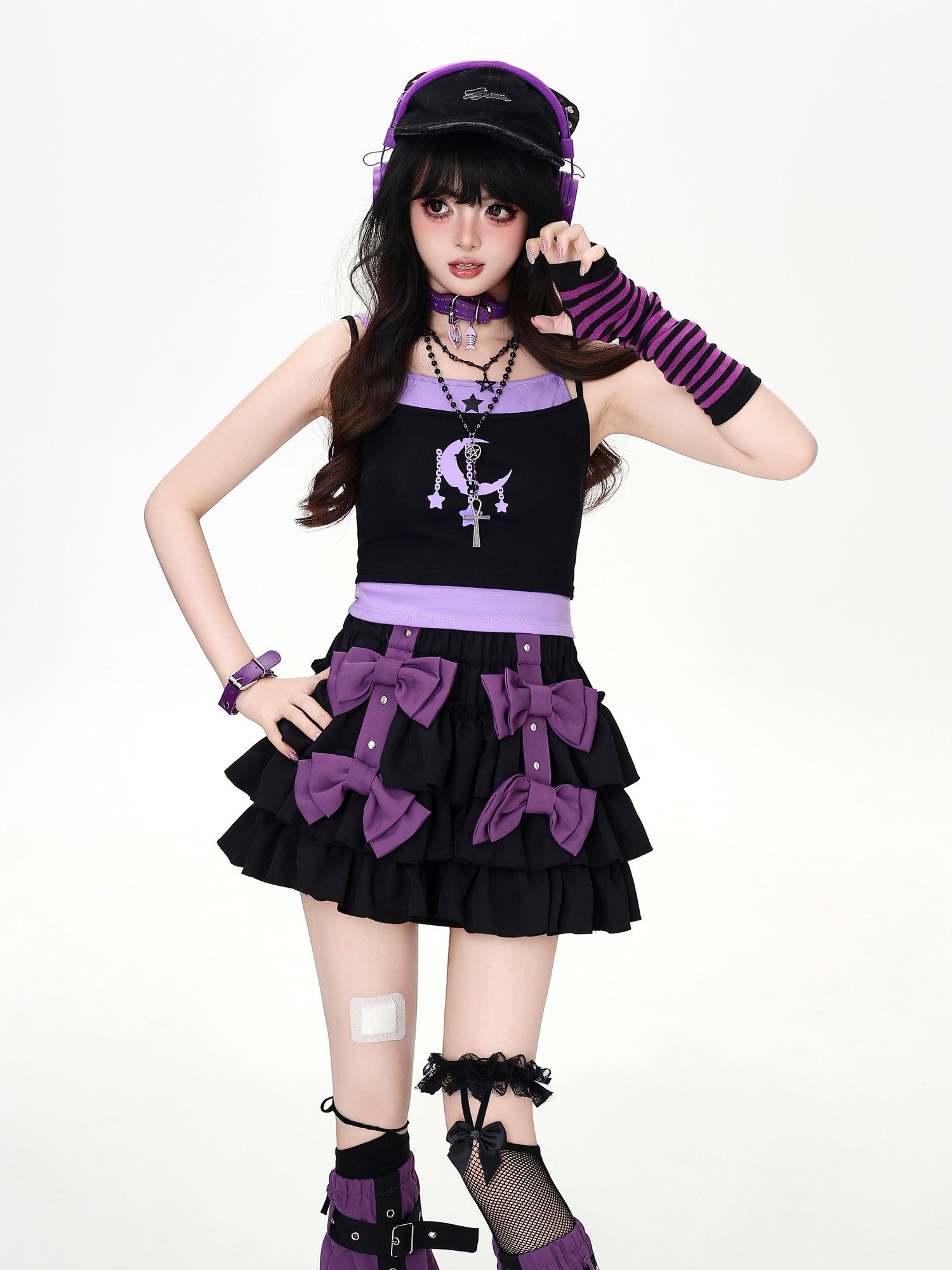 Crazy Girl Star Moon Colorblock Faux Two Piece Printed Cropped Slim Women&