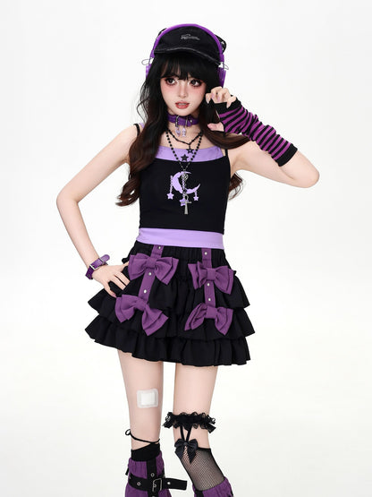 Crazy Girl Star Moon Colorblock Faux Two Piece Printed Cropped Slim Women&