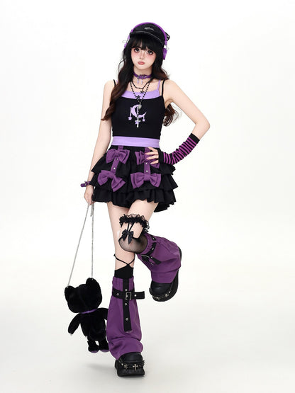 Crazy Girl Star Moon Colorblock Faux Two Piece Printed Cropped Slim Women&