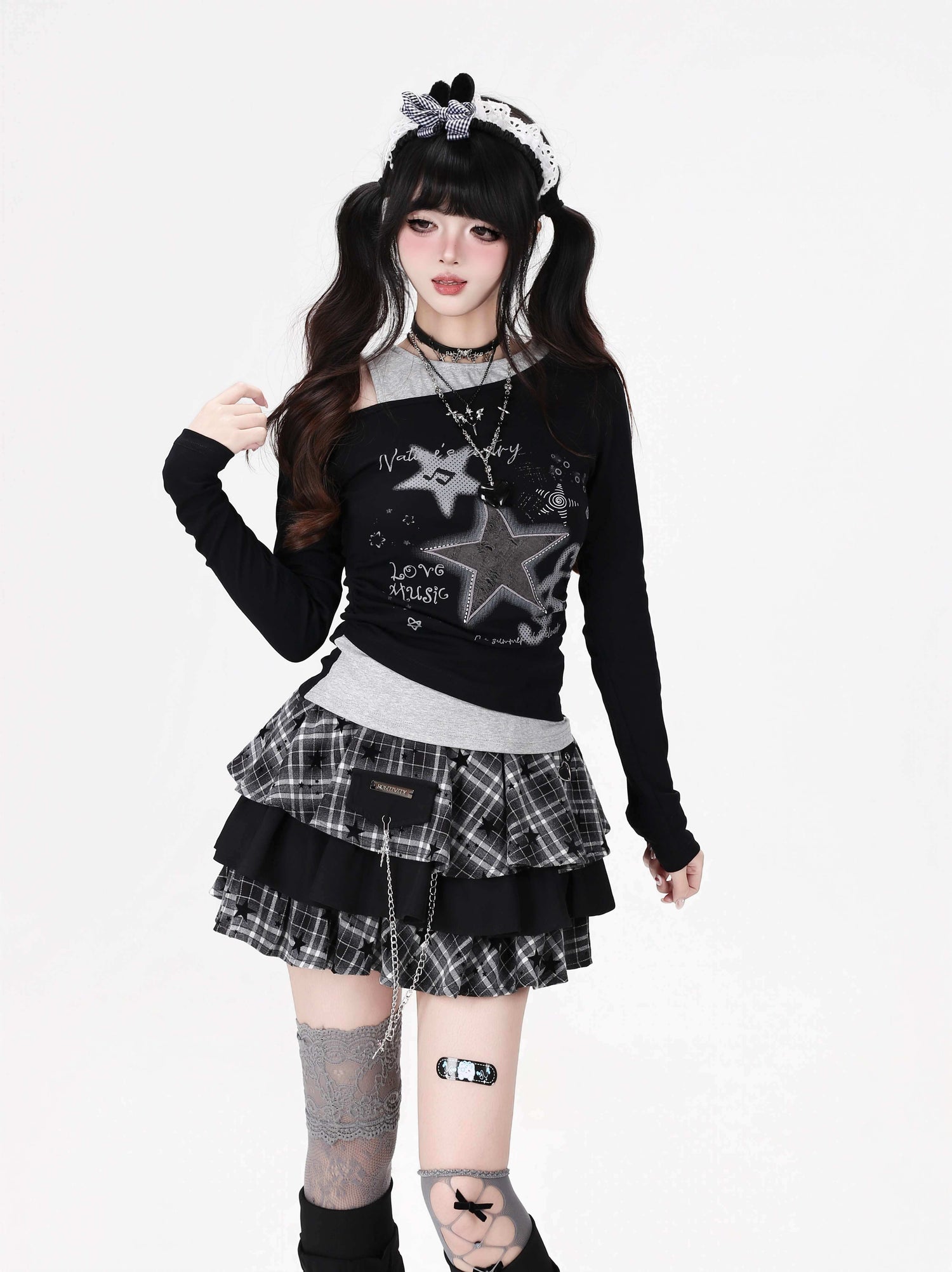 Crazy_Girl_Star_Note_Splice_Faux_Two_Piece_Off_Shoulder_Ruched_Women&
