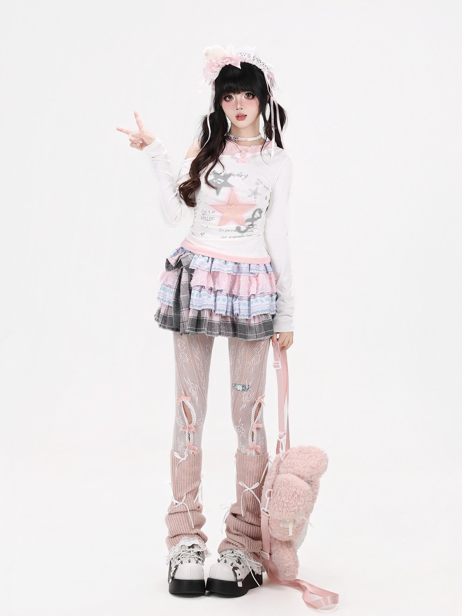 Crazy Girl Star Note Splice Faux Two Piece Off Shoulder Ruched Women&