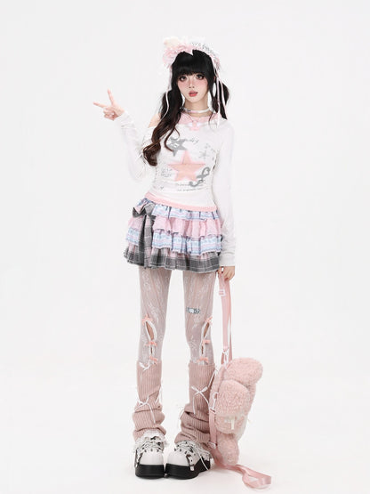 Crazy Girl Star Note Splice Faux Two Piece Off Shoulder Ruched Women&