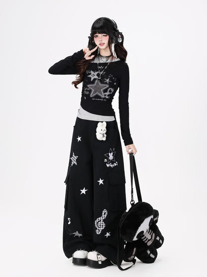 Crazy Girl Star Note Splice Faux Two Piece Off Shoulder Ruched Women&