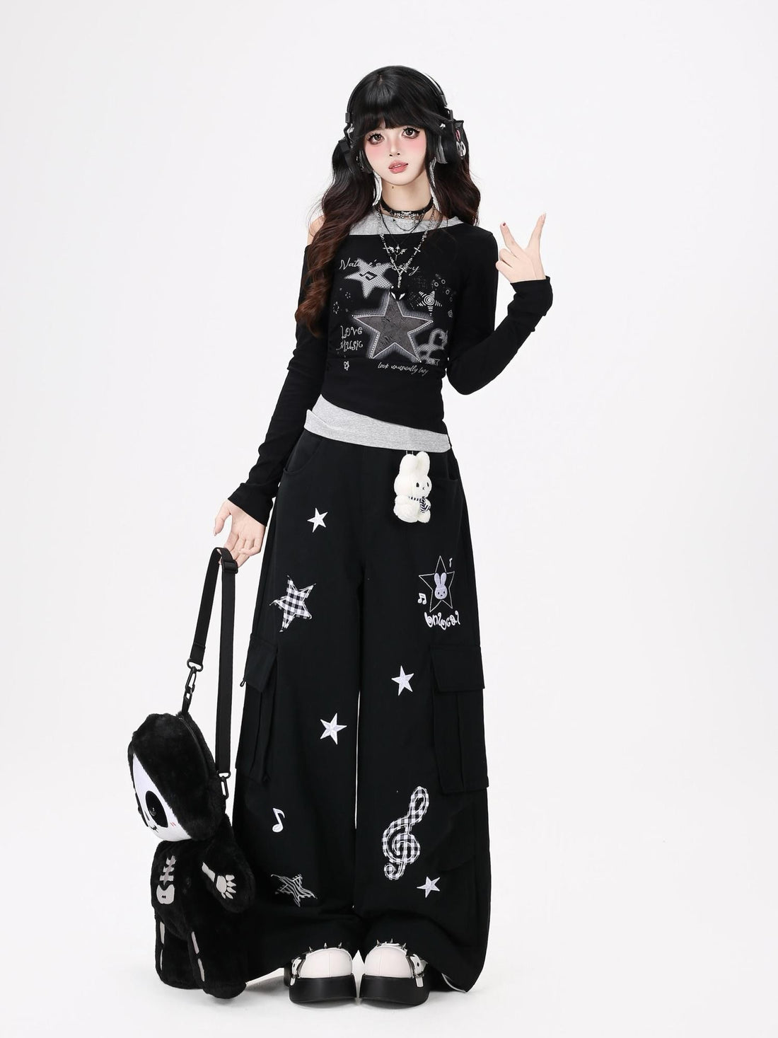 Crazy Girl Star Note Splice Faux Two Piece Off Shoulder Ruched Women&