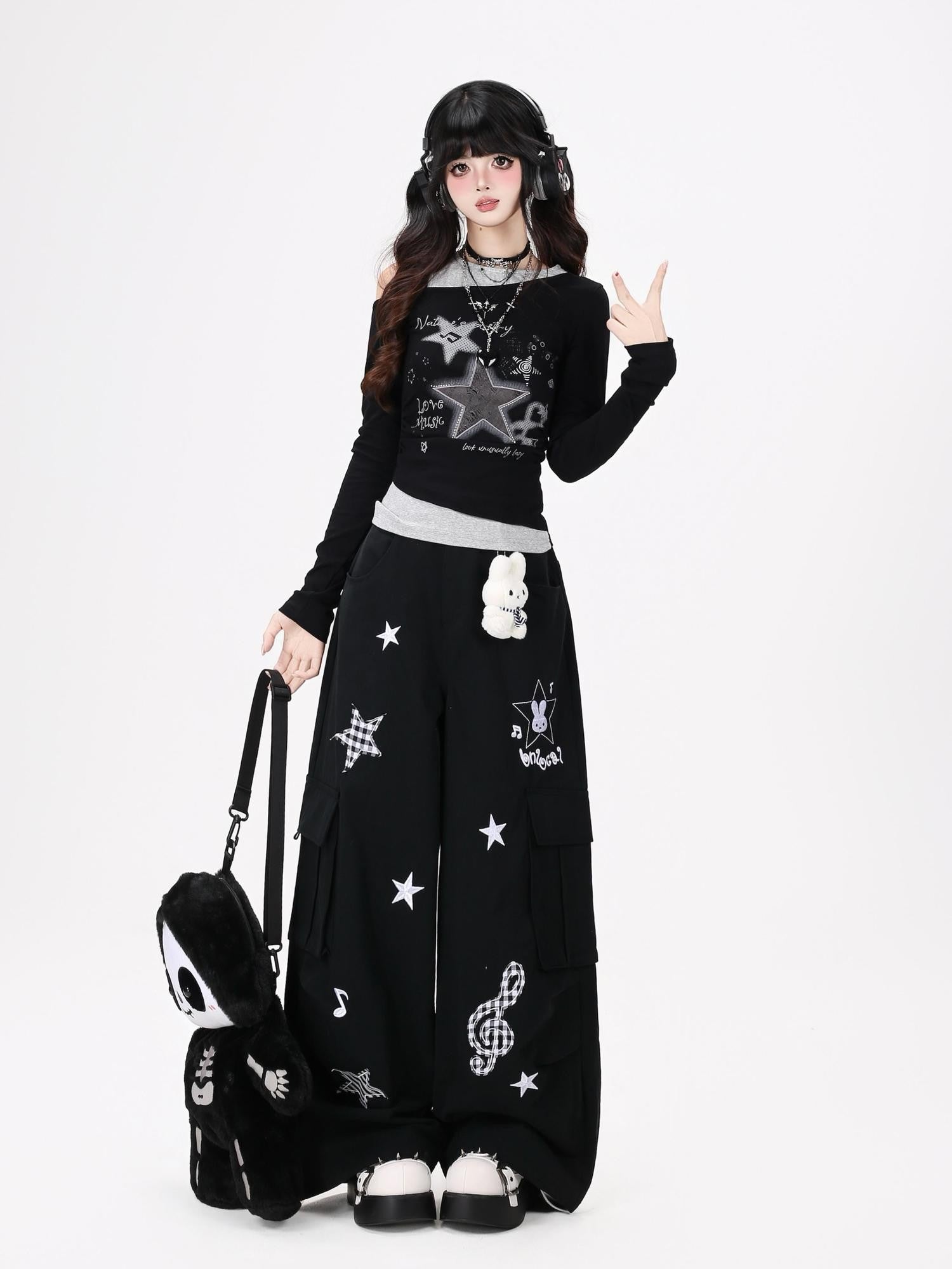 Crazy Girl Star Note Splice Faux Two Piece Off Shoulder Ruched Women&