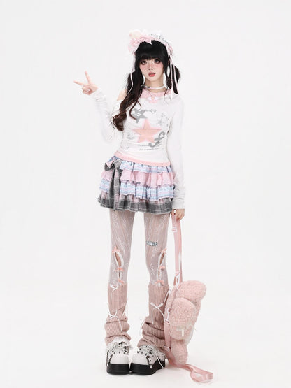 Crazy Girl Star Note Splice Faux Two Piece Off Shoulder Ruched Women&