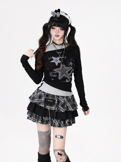 Crazy Girl Star Note Splice Faux Two Piece Off Shoulder Ruched Women&