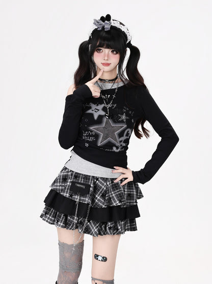 Crazy Girl Star Note Splice Faux Two Piece Off Shoulder Ruched Women&