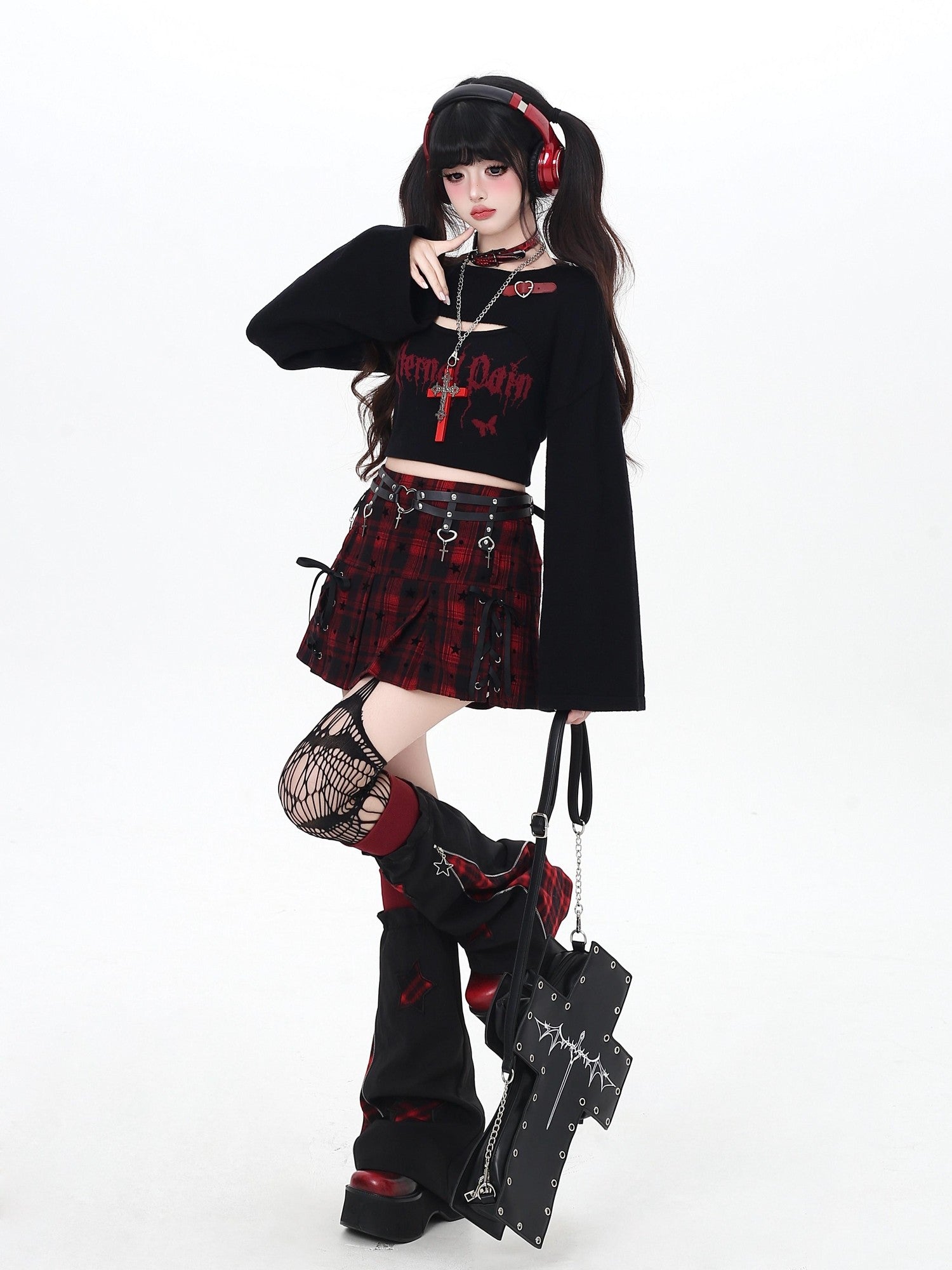 Crazy Girl Star Plaid Tie Up Anti Exposure High Waist School Women&