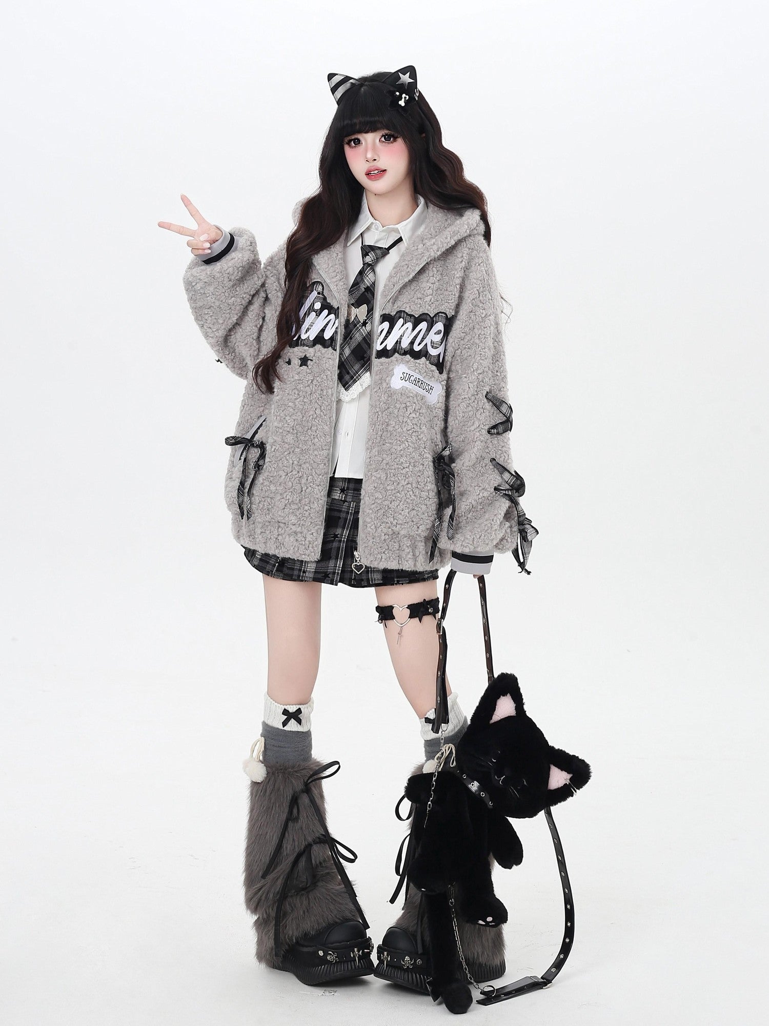 Crazy Girl Star Plaid Tie Up Anti Exposure High Waist School Women&