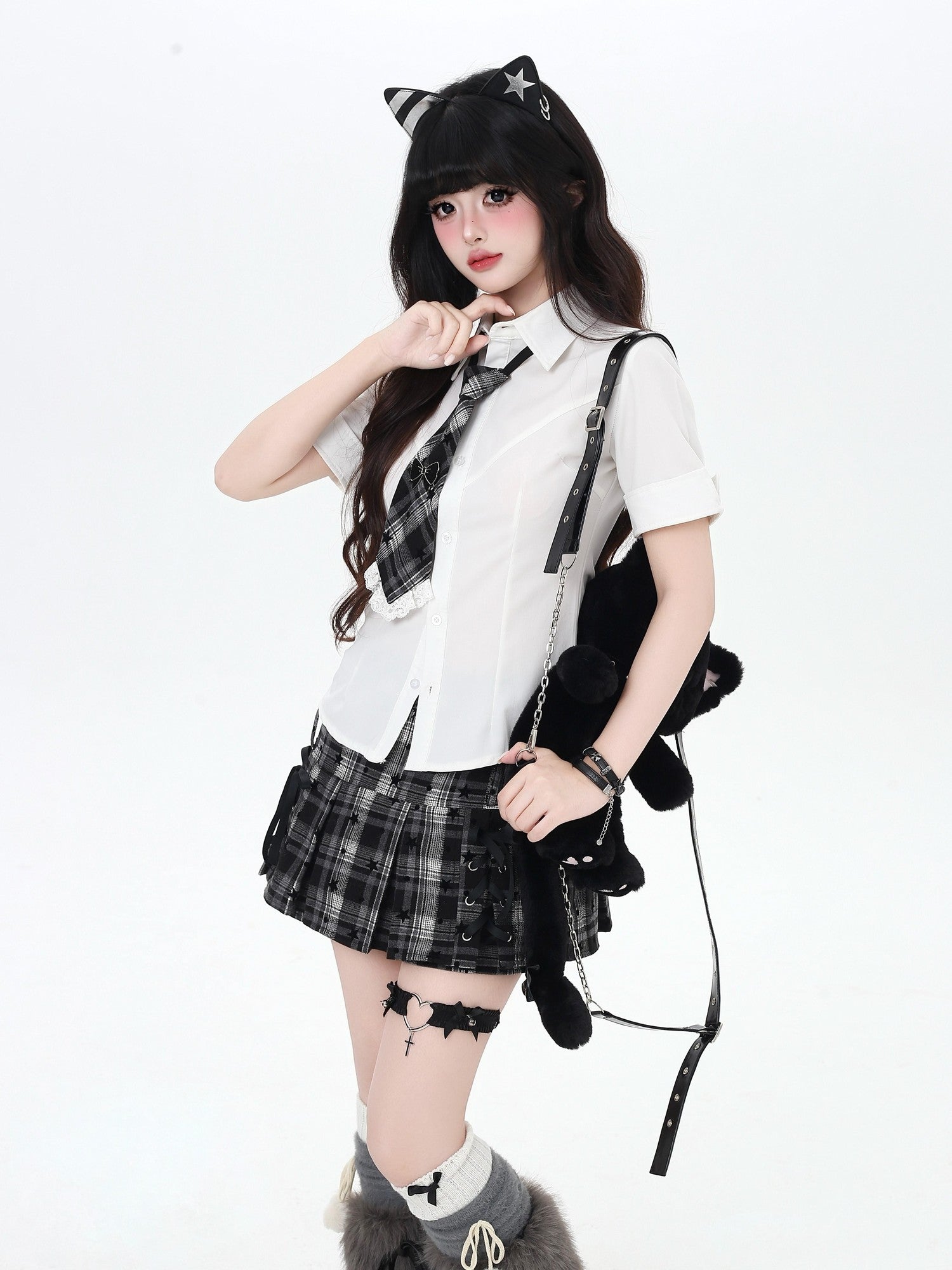 Crazy Girl Star Plaid Tie Up Anti Exposure High Waist School Women&