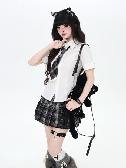 Crazy Girl Star Plaid Tie Up Anti Exposure High Waist School Women&