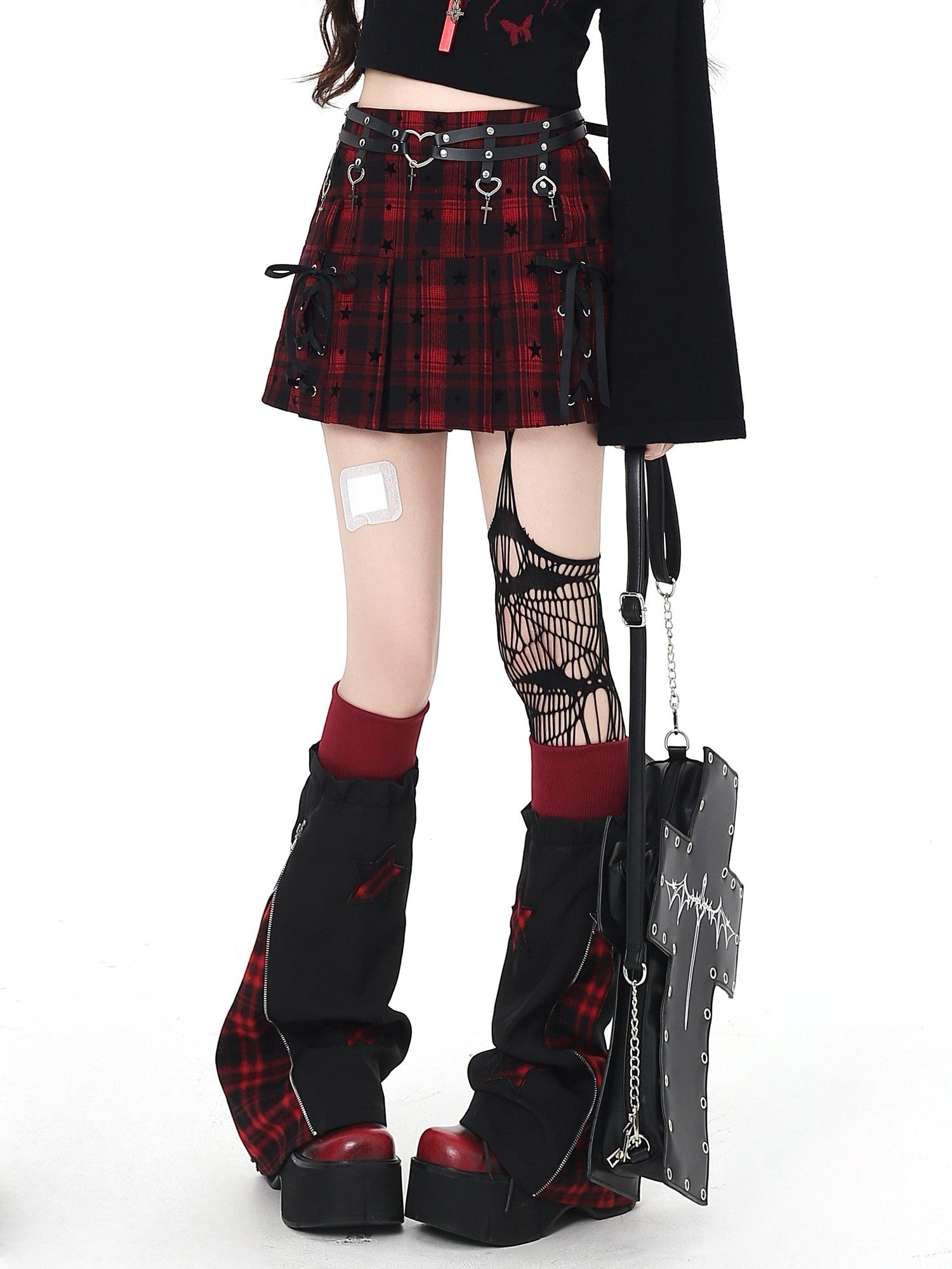 Crazy Girl Star Plaid Tie Up Anti Exposure High Waist School Women&