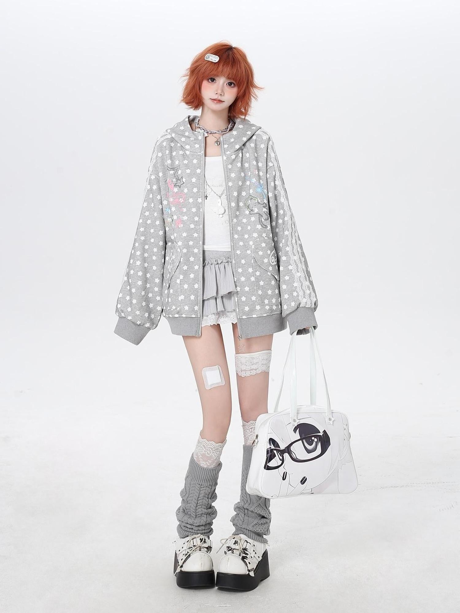 Crazy Girl Star Polka Dot Cute Oversized Hooded Long Sleeve Women&