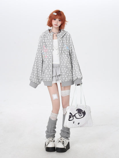 Crazy Girl Star Polka Dot Cute Oversized Hooded Long Sleeve Women&