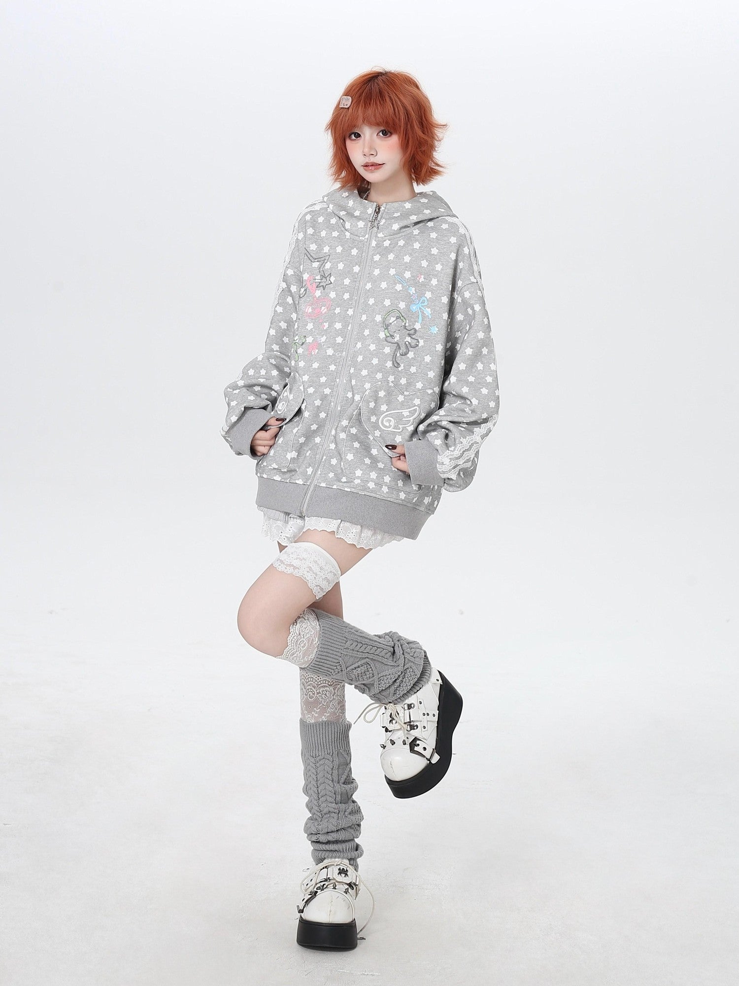Crazy Girl Star Polka Dot Cute Oversized Hooded Long Sleeve Women&