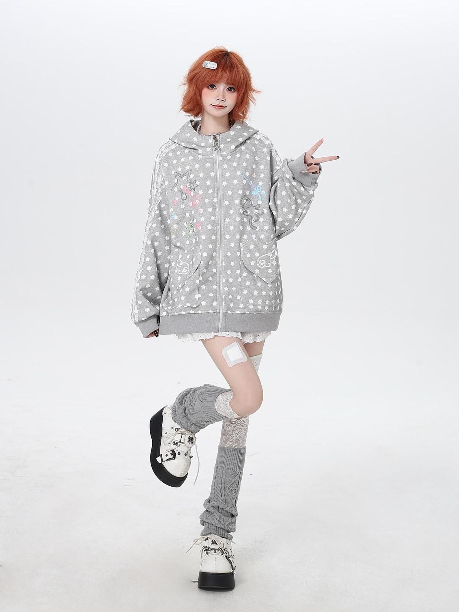 Crazy Girl Star Polka Dot Cute Oversized Hooded Long Sleeve Women&