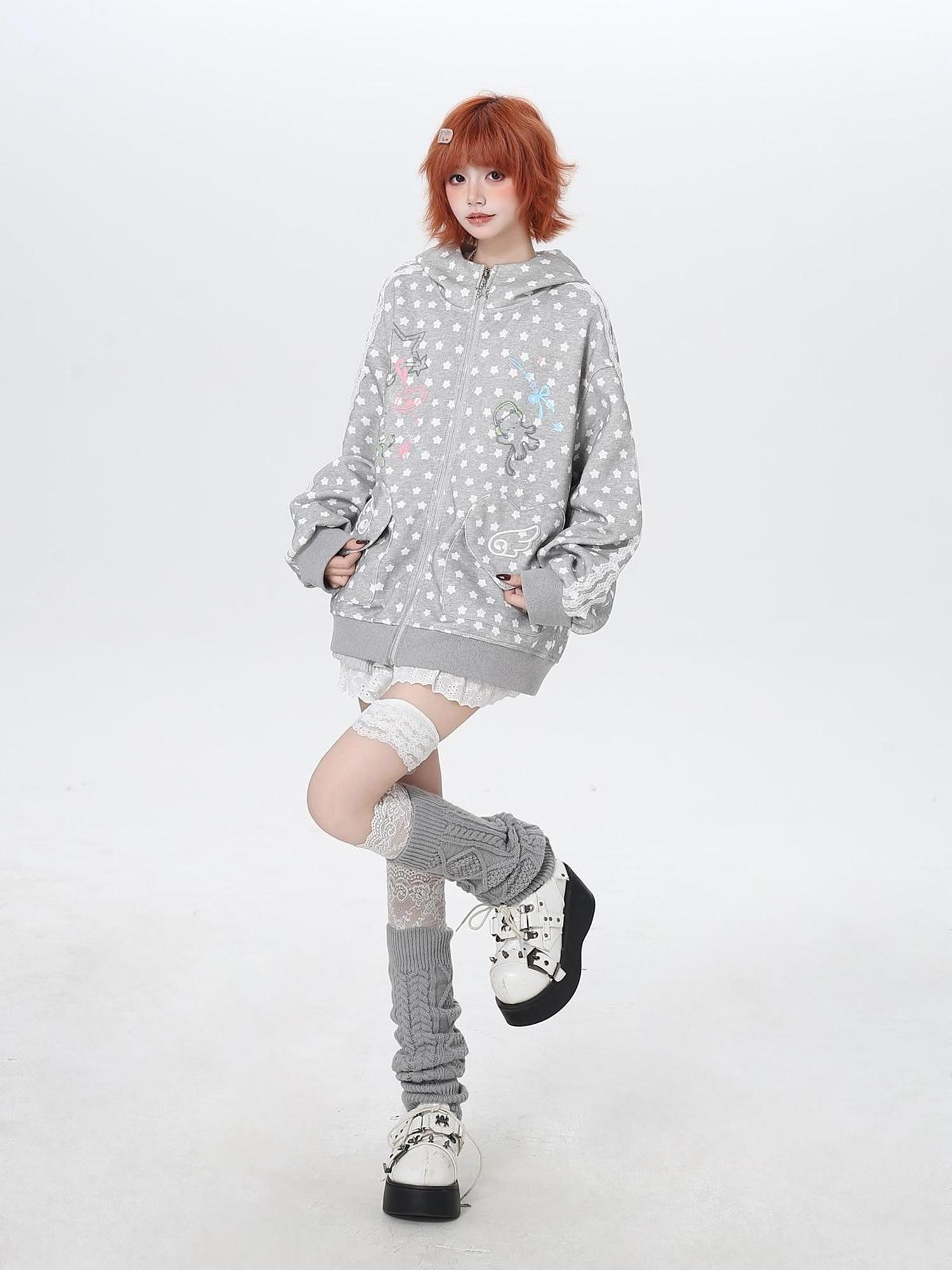 Crazy Girl Star Polka Dot Cute Oversized Hooded Long Sleeve Women&