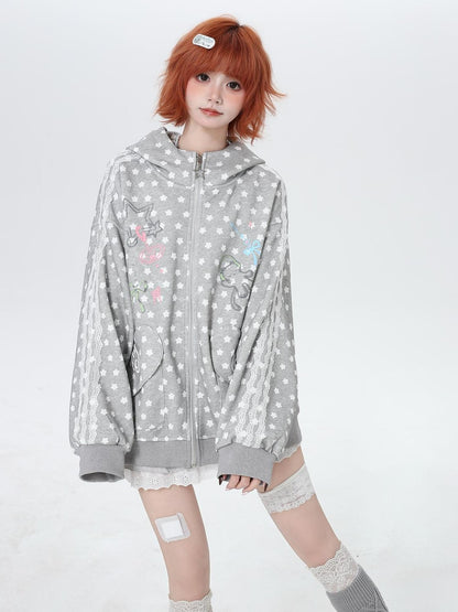 Crazy Girl Star Polka Dot Cute Oversized Hooded Long Sleeve Women&