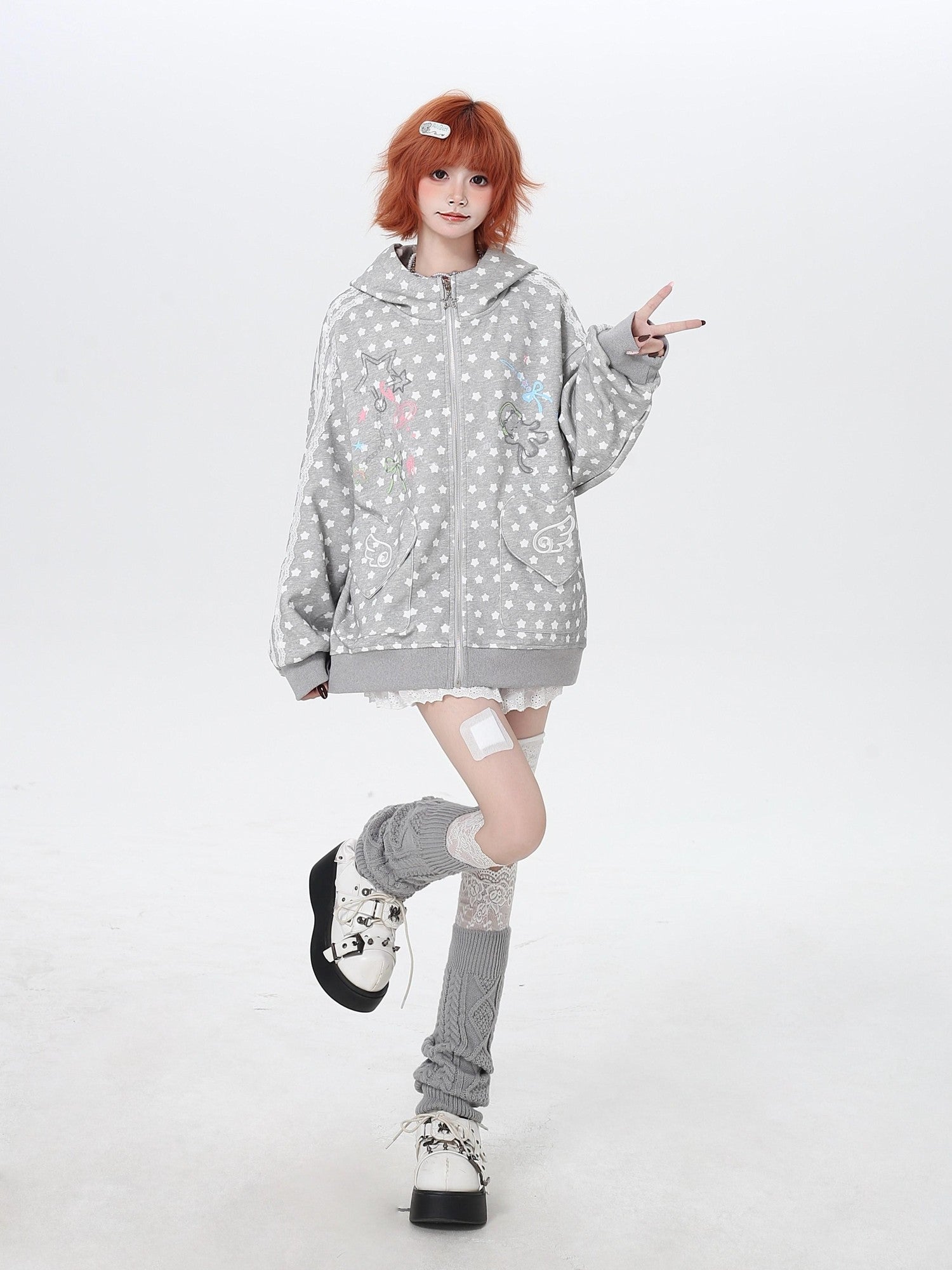 Crazy Girl Star Polka Dot Cute Oversized Hooded Long Sleeve Women&