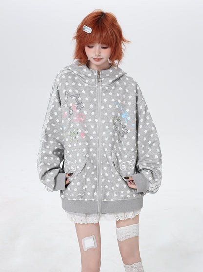 Crazy Girl Star Polka Dot Cute Oversized Hooded Long Sleeve Women&