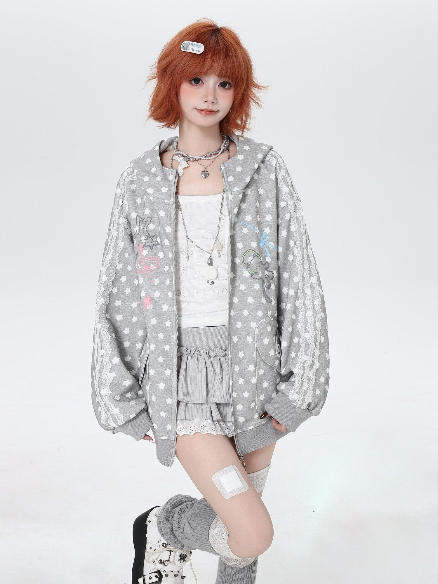 Crazy Girl Star Polka Dot Cute Oversized Hooded Long Sleeve Women&