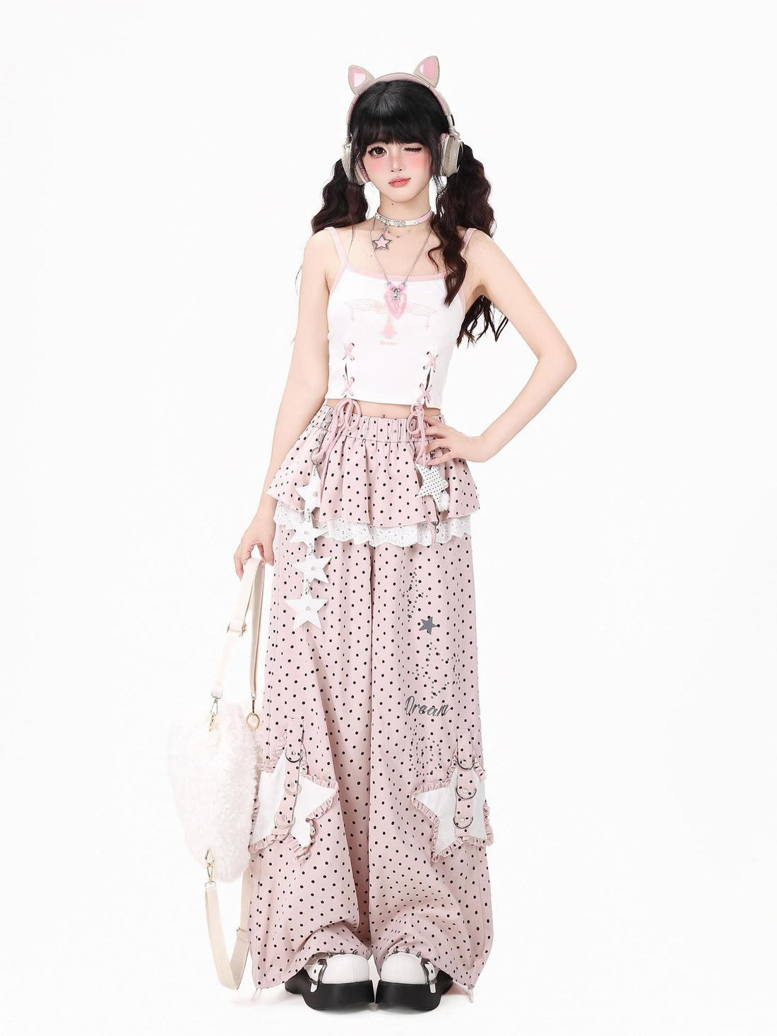 Crazy Girl Star Polka Dot Faux Two Piece High Waist Women&