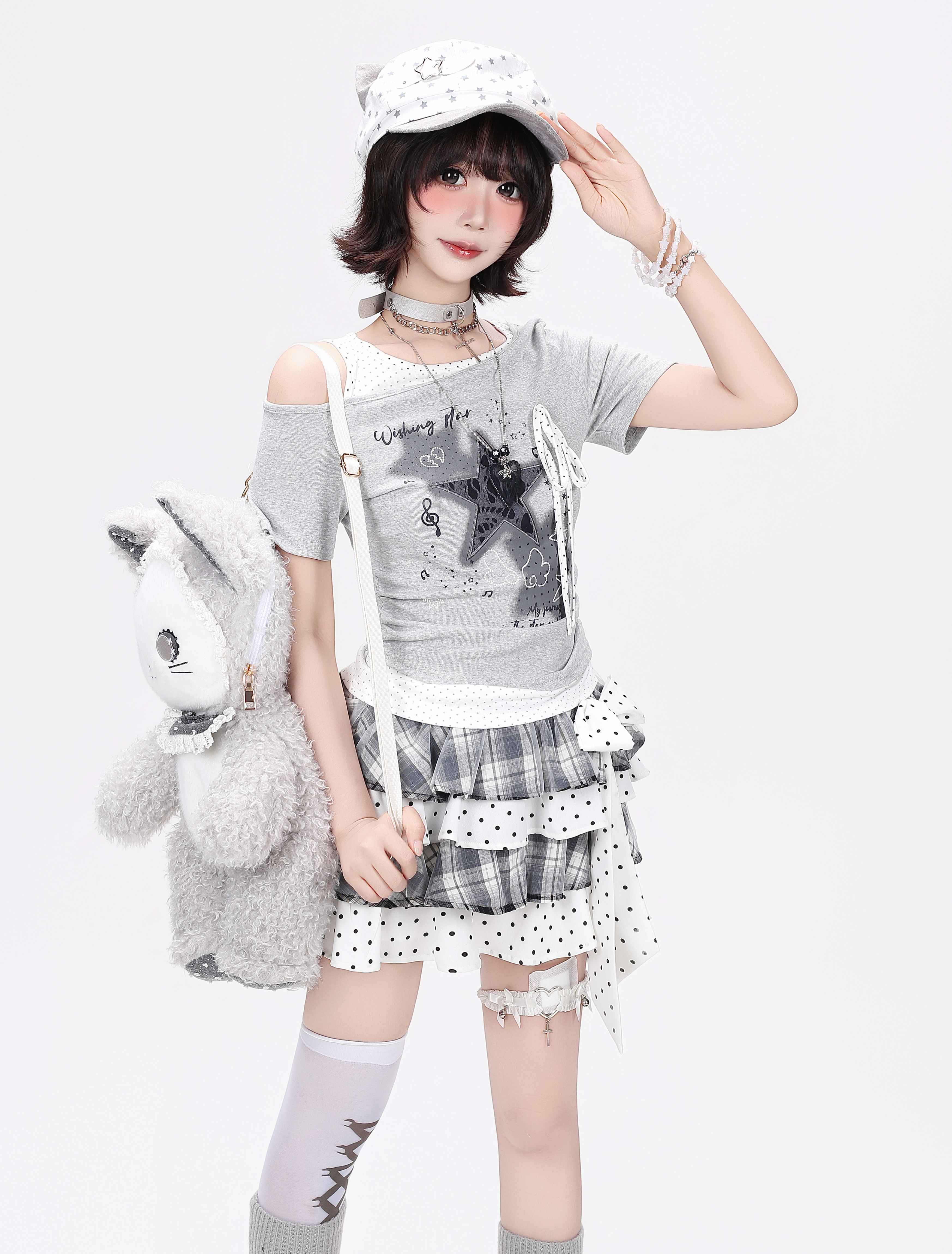 Crazy_Girl_Star_Polka_Dot_Ripped_Spliced_Slanted_Shoulder_Women&