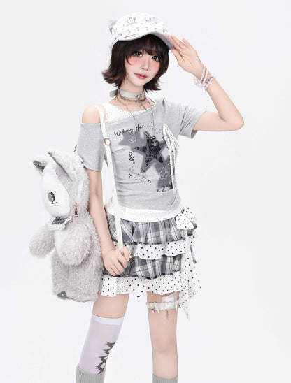 Crazy_Girl_Star_Polka_Dot_Ripped_Spliced_Slanted_Shoulder_Women&