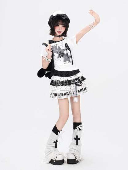 Crazy Girl Star Polka Dot Ripped Spliced Slanted Shoulder Women&