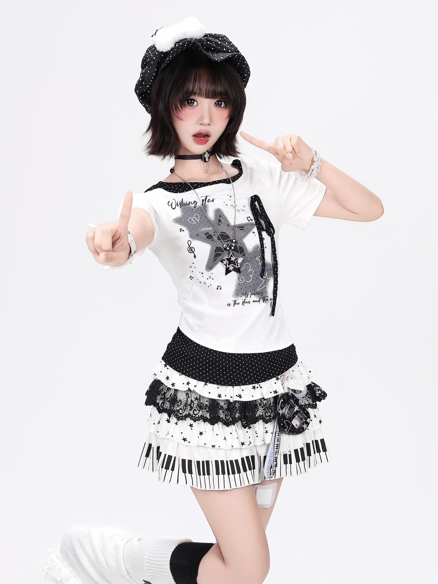 Crazy Girl Star Polka Dot Ripped Spliced Slanted Shoulder Women&