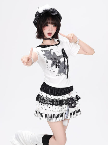 Crazy Girl Star Polka Dot Ripped Spliced Slanted Shoulder Women&