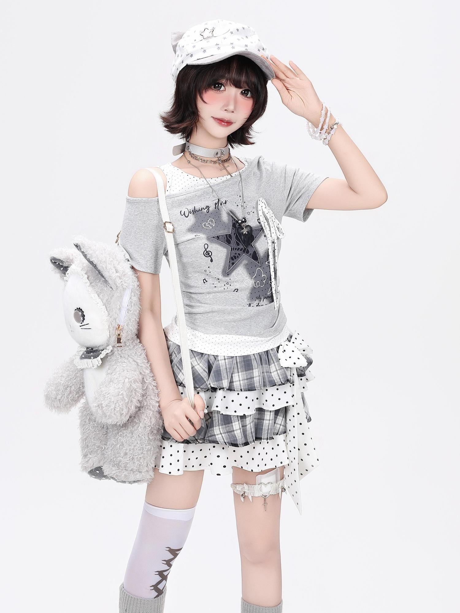 Crazy Girl Star Polka Dot Ripped Spliced Slanted Shoulder Women&