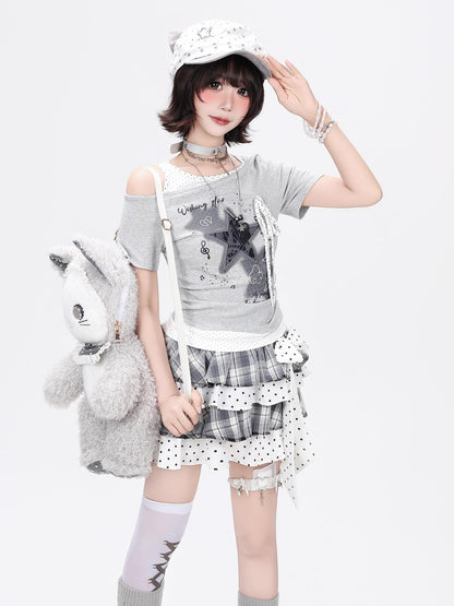 Crazy Girl Star Polka Dot Ripped Spliced Slanted Shoulder Women&
