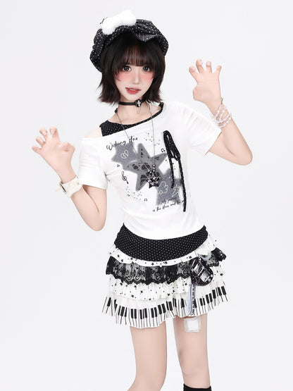 Crazy Girl Star Polka Dot Ripped Spliced Slanted Shoulder Women&