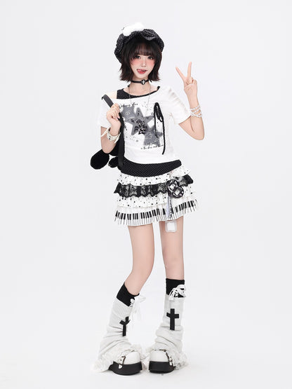 Crazy Girl Star Polka Dot Ripped Spliced Slanted Shoulder Women&
