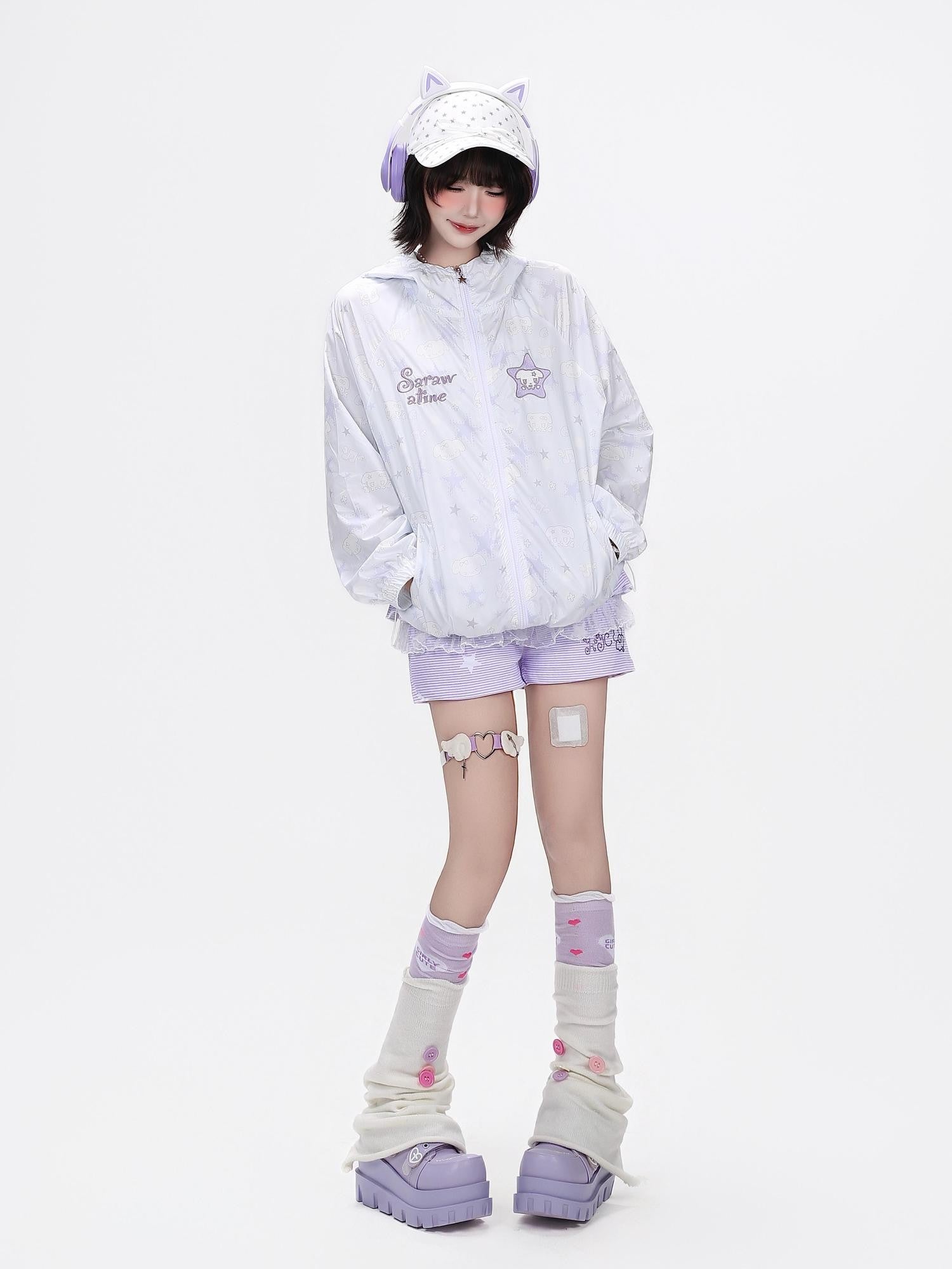 Crazy Girl Star Print Hooded Upf50 Loose Zip Women&