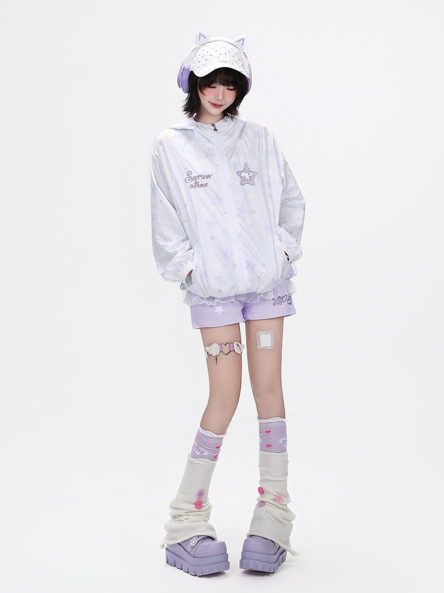 Crazy Girl Star Print Hooded Upf50 Loose Zip Women&